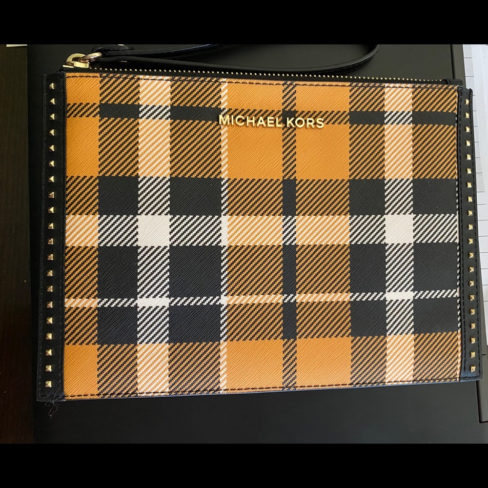 Michael Kors XL clutch wristlet in yellow plaid